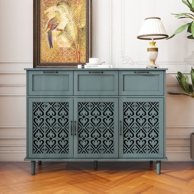 Arina Hollow-Carved Cabinet,Distressed Wooden Cabinet With 3 Doors And 3 Drawer-The Pop Home