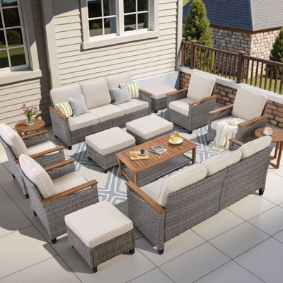 Buenhomino 13-Piece Outdoor Patio Set – 4 Single Chairs, 2 Sofas, 2 Side Tables, 4 Ottomans & Coffee Table, Wicker with Cushions, Beige