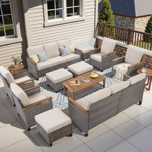 Buenhomino 13-Piece Outdoor Patio Set – 4 Single Chairs, 2 Sofas, 2 Side Tables, 4 Ottomans & Coffee Table, Wicker with Cushions, Beige - 1 of 4