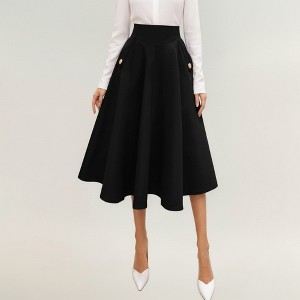 Anna-Kaci Women's Midi A-Line Skirt with Structured High Waist, Soft Flowing Panels, and Button-Tab Pocket Accents for Shape - 1 of 4