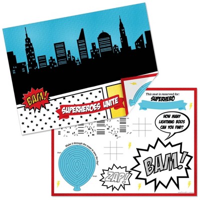 Big Dot of Happiness Bam Superhero - Paper Birthday Party Coloring Sheets - Activity Placemats - Set of 16