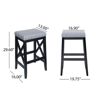 Black Rubberwood Backless Barstools with Light Gray Upholstered Seats, Set of 2