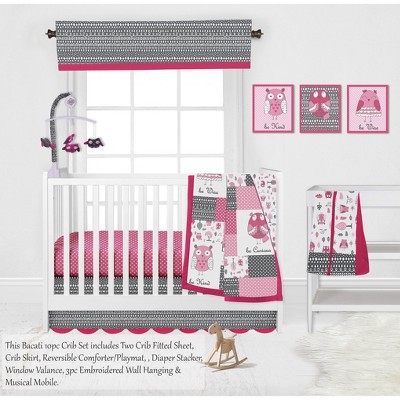 Bacati - Owls in the Woods Pink Fuschia Gray 10 pc Crib Bedding Set with 2 Crib Fitted Sheets