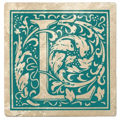 Christmas by Krebs Set of 4 Ivory and Teal Blue Alphabet "L" Square Monogram Coasters 4"