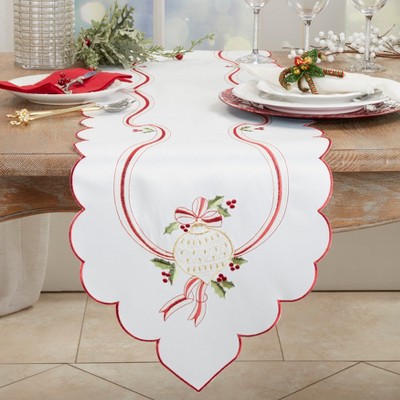 Ivory Embroidered Christmas Table Runner with Holly and Ribbon Design
