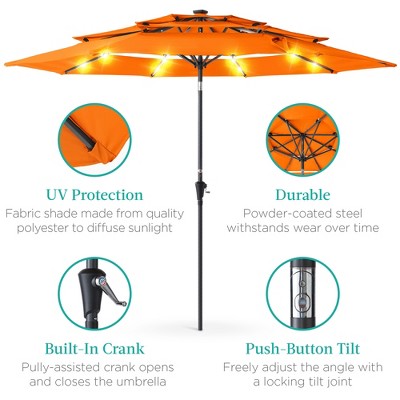 10ft Orange Steel Market Patio Umbrella with LED Lights