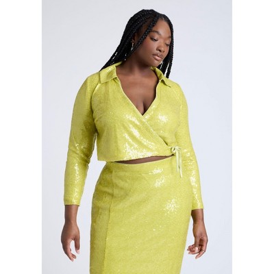 ELOQUII Women's Plus Size Sequin Wrap Collared Top