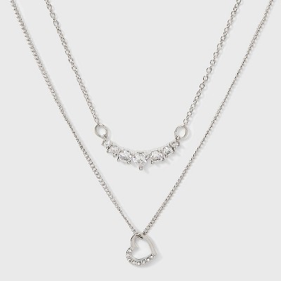 Heart Slider Charm with U Bar Multi-Strand Necklace - Wild Fable™ Silver: Lobster Claw Clasp, Iron, Acrylic, Zinc Alloy
