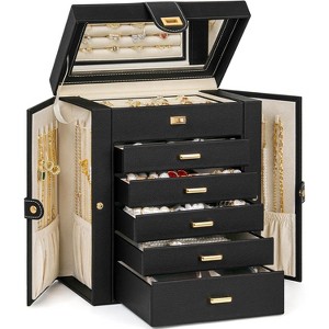 Large Lockable Leather Jewelry Box with Mirror, Huge Organizer Storage Case for Necklaces, Earrings, Rings, Bracelets - 1 of 4