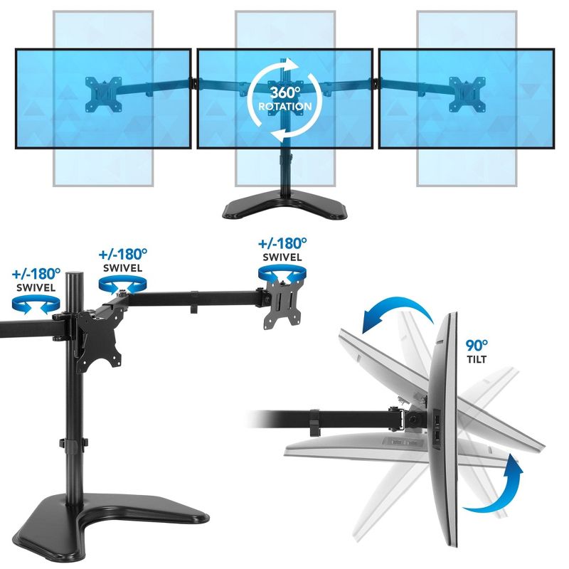 Mount-It! Triple Monitor Stand - Freestanding Computer Desk Mount Fits Up to 32 Inch Monitors, VESA 75 & 100 Compatible, 5 of 9