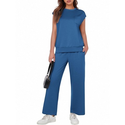 Pinspark 2 Piece Sets for Women Summer Lounge Set Cap Sleeves Sweatsuit Cropped Wide Leg Pants Matching Travel Tracksuit