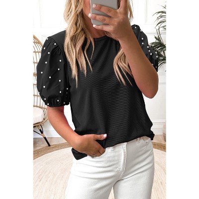 Ribbed Pearl Beaded Puff Sleeve Top