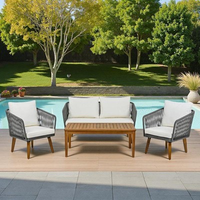 4-Piece Outdoor Patio Solid Wood Conversation Sofa Set with Coffee Table