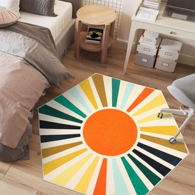 Colorful Machine Washable Area Rug, Non-Slip Indoor Carpet for Living Room, Bedroom, Modern Minimalist Front Door Mat with Sun Accent Design.