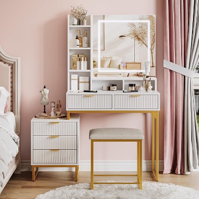 Makeup Vanity Desk with Mirror and Lights, Vanity Table with 5 Drawers, Vanity Set with Stool and Removable Side Storage Cabinet for Bedroom
