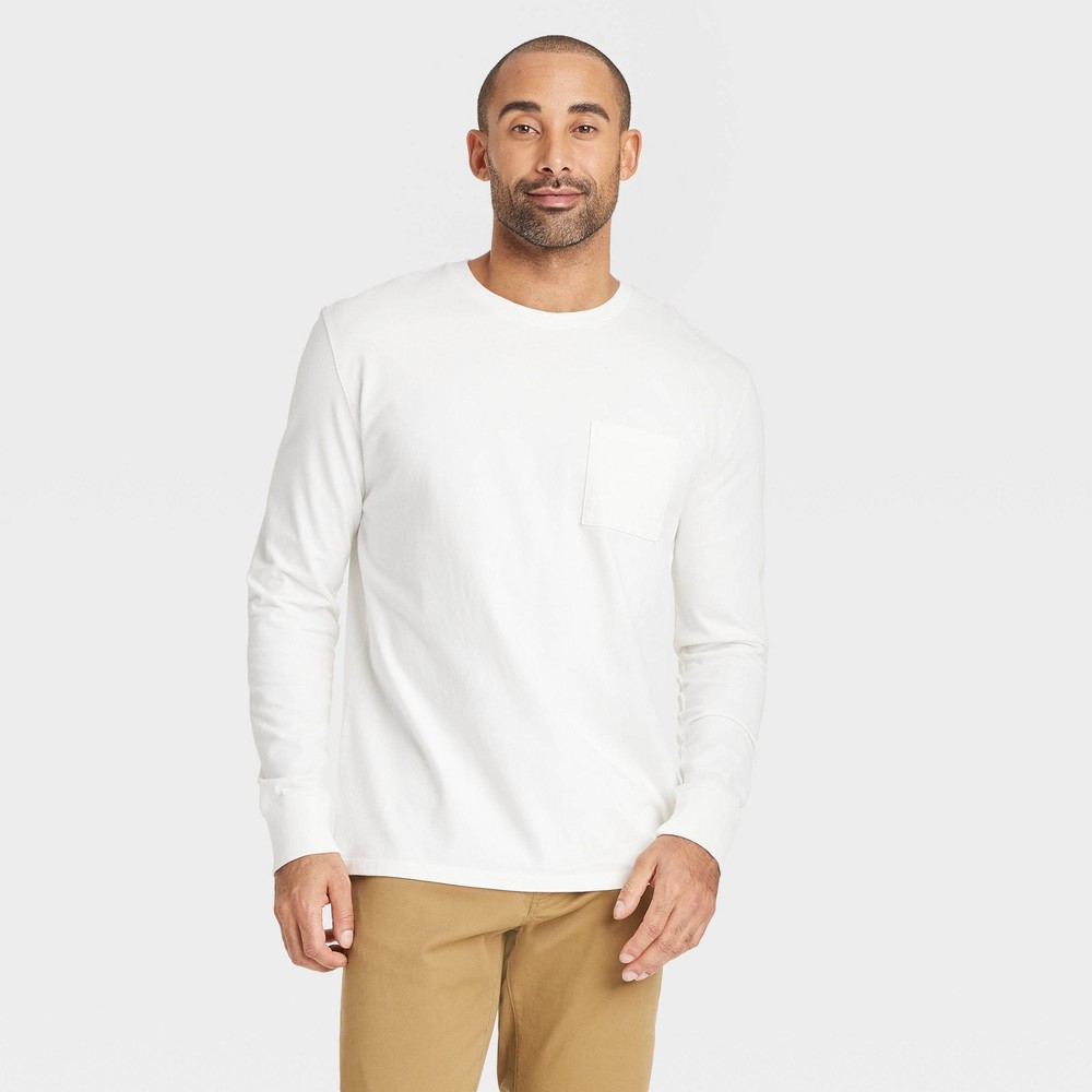 Men's Vintage Long Sleeve Pocket T-Shirt - Goodfellow & Co™ White M: Heavyweight Cotton Crew Pullover