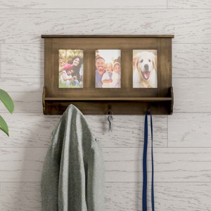 Hastings Home Wall Shelf and Picture Collage with Ledge and 3 Hanging Hooks - Photo Frame Decor Shelving with Rustic Wood Look, Holds 4x6 Pictures - 1 of 4