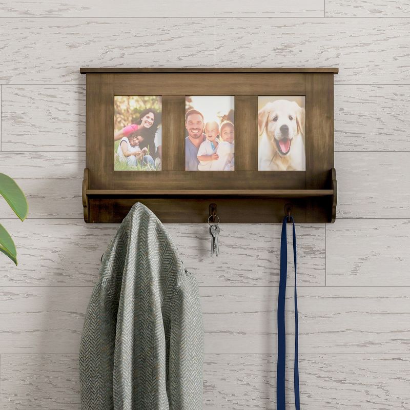 Wall Shelf and Picture Collage with Ledge and 3 Hanging Hooks- Photo Frame Decor Shelving with Rustic Wood Look, Holds 4x6 Pictures By Hastings Home, 2 of 9