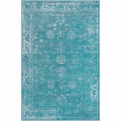 Turquoise Floral Motif Low Pile Area Rug