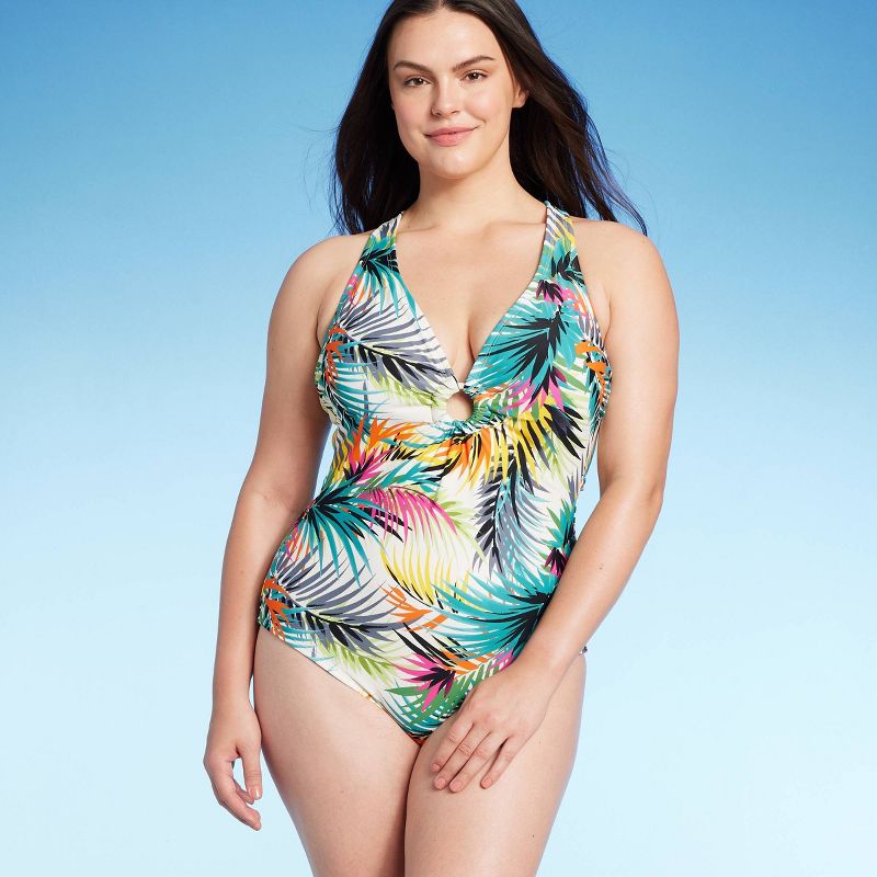 Women's Plunge Ring Detail One Piece Swimsuit - Shade & Shore™ Multi Tropical Print, 4 of 10
