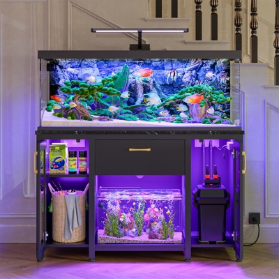 Bestier 55/75 Gallon Fish Tank Stand Metal Aquarium Stand with Storage Cabinet & Power Outlets LED Light, 750lbs Capacity, Black