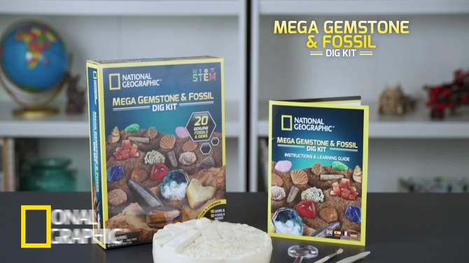 NATIONAL GEOGRAPHIC Mega Fossil & Gemstone Dig Kit, Excavate 10 Real Fossils & 10 Real Gems, STEM Science Gift for Mineralogy and Geology Enthusiasts, 2 of 10, play video