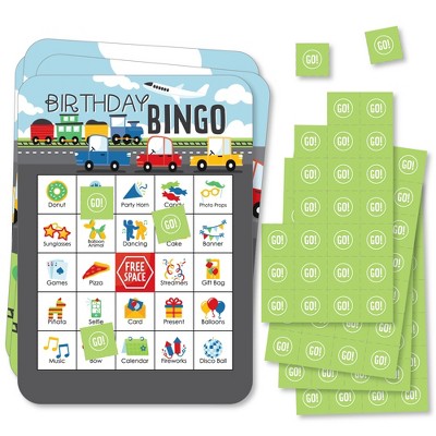 Big Dot of Happiness Cars, Trains, and Airplanes - Picture Bingo Cards and Markers - Transportation Birthday Party Shaped Bingo Game - Set of 18