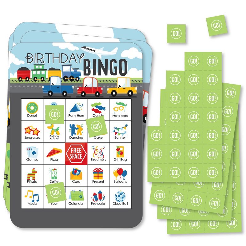 Big Dot of Happiness Cars, Trains, and Airplanes - Picture Bingo Cards and Markers - Transportation Birthday Party Shaped Bingo Game - Set of 18, 1 of 6