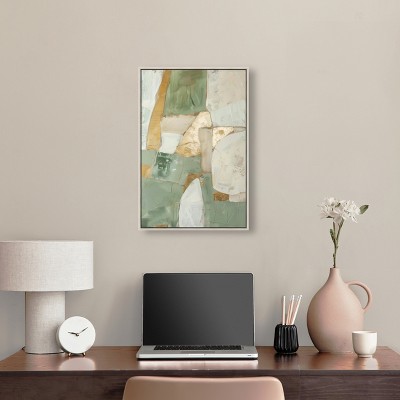 Sage Green and Gold Abstract Canvas Wall Art with Silver Frame