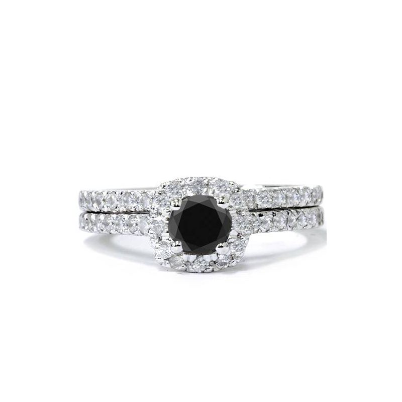 Pompeii3 7/8ct Cushion Halo Black Diamond Engagement Ring Set 14K White Gold, 3 of 5