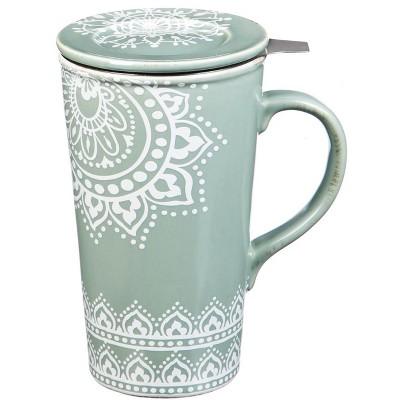 Evergreen Cypress Home Double Wall Ceramic Cup with Infuser & Lid 12oz. Tea Lace