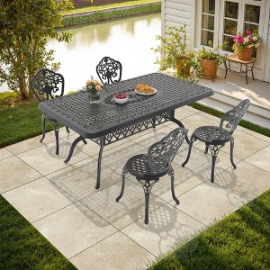 5-Piece Patio Set: Rectangle Table & 4 Chairs - Cast Aluminum, All-Weather/Umbrella Hole & Adjustable Legs for Balcony/Backyard - 1 of 4