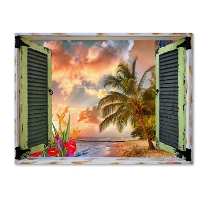 Tropical Sunset Beach View Canvas Print with Green Shutters