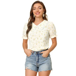 Allegra K Women's Floral Peter Pan Collar Lace Trim Ruffle Sleeve Blouses - 1 of 4