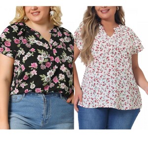 Women's Plus Size 2 Pieces Floral Ruffle Trim Layered Sleeve Notched Neck Button Layered Sleeve Blouses - Agnes Orinda - 1 of 4