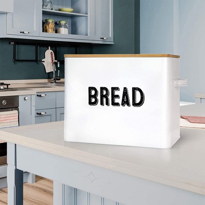 White Metal Bread Box with Bamboo Lid and Handles
