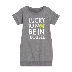 - Instant Message - St. Patrick's Day Lucky to Not Be In Trouble Graphic Short Sleeve Fleece Dress - 1 of 4