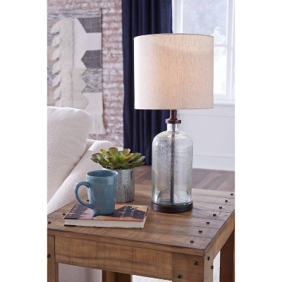 Bronze and Clear Glass Table Lamp with Beige Drum Shade