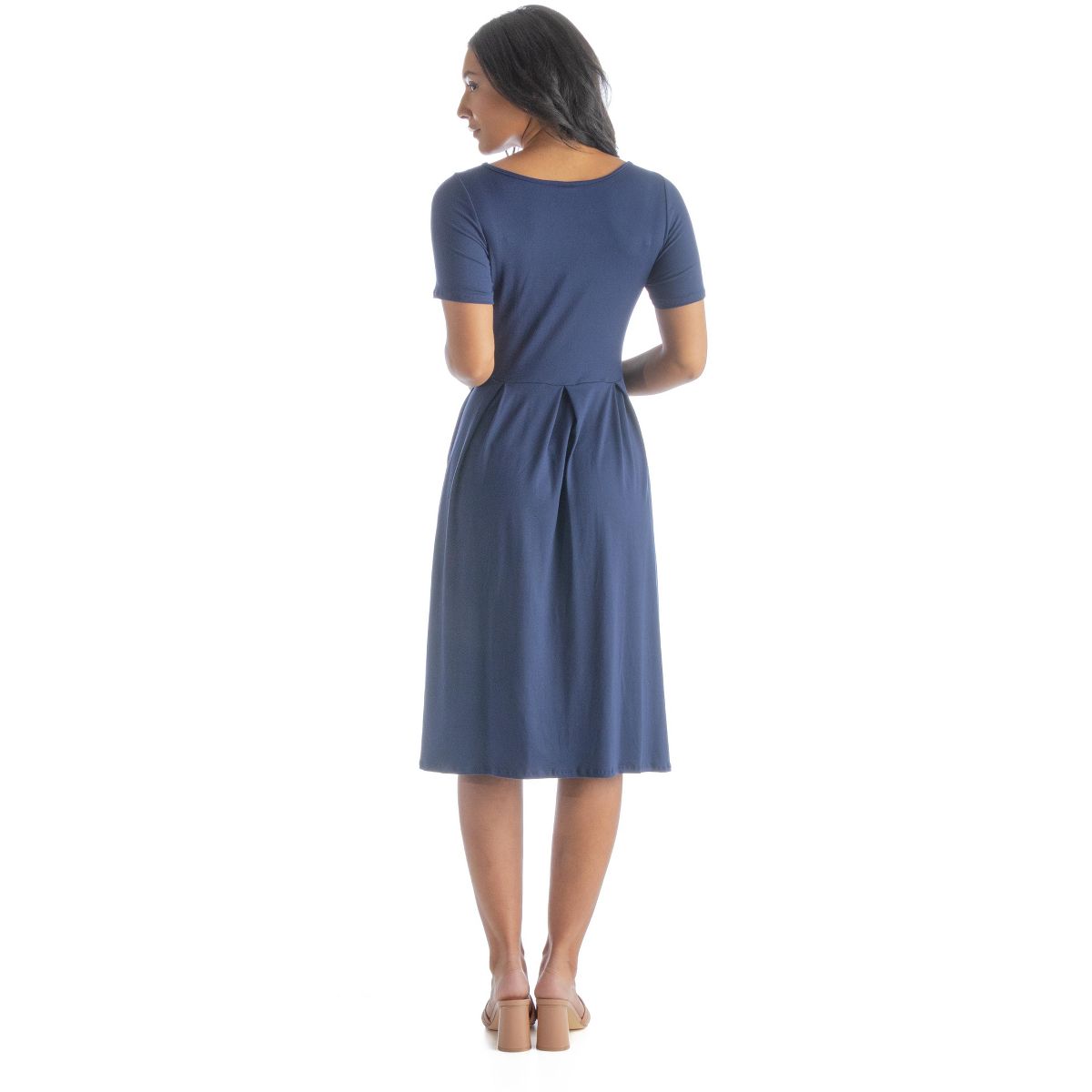 Womens Short Sleeve Boat Neck Pleated Flared Pocket Midi Dress - 24seven Comfort Apparel™ - thumbnail 8