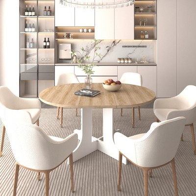 JUJABU Dining Table for Farmhouse Kitchen 59x43 Inch Expandable Oval Table Top with Removable Leaf Trestle X Shaped Base White