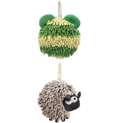 REGALWOVEN 2 Packs Chenille Fuzzy Ball Bathroom Sheep Shape Absorbent Fast Drying Hand Towels 7" x 7"