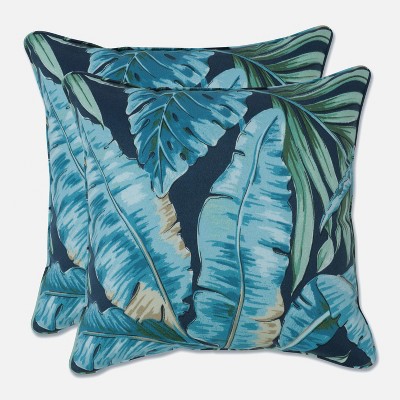 Set of 2 Outdoor/Indoor Throw Pillow Tortola Midnight Blue - Pillow Perfect: Weather-Resistant, Square Shape, Botanical Print