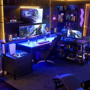 Besiost 66"-73" Reversible L-Shaped Desk with Charging Station, Home Office Computer Desk with LED Lights & Drawers - 1 of 4