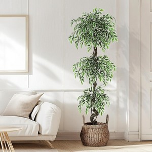 Artificial Ficus Tree in White Planter, Faux Indoor/Outdoor Plant with Pebbles & Moss for Home or Office Decor - 1 of 4