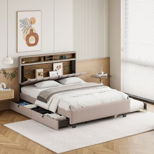 Queen size Upholstered Platform Bed with Storage Headboard, Twin XL Size Trundle and 2 drawers and a set of Sockets and USB Ports, Linen Fabric, Beige - 1 of 4