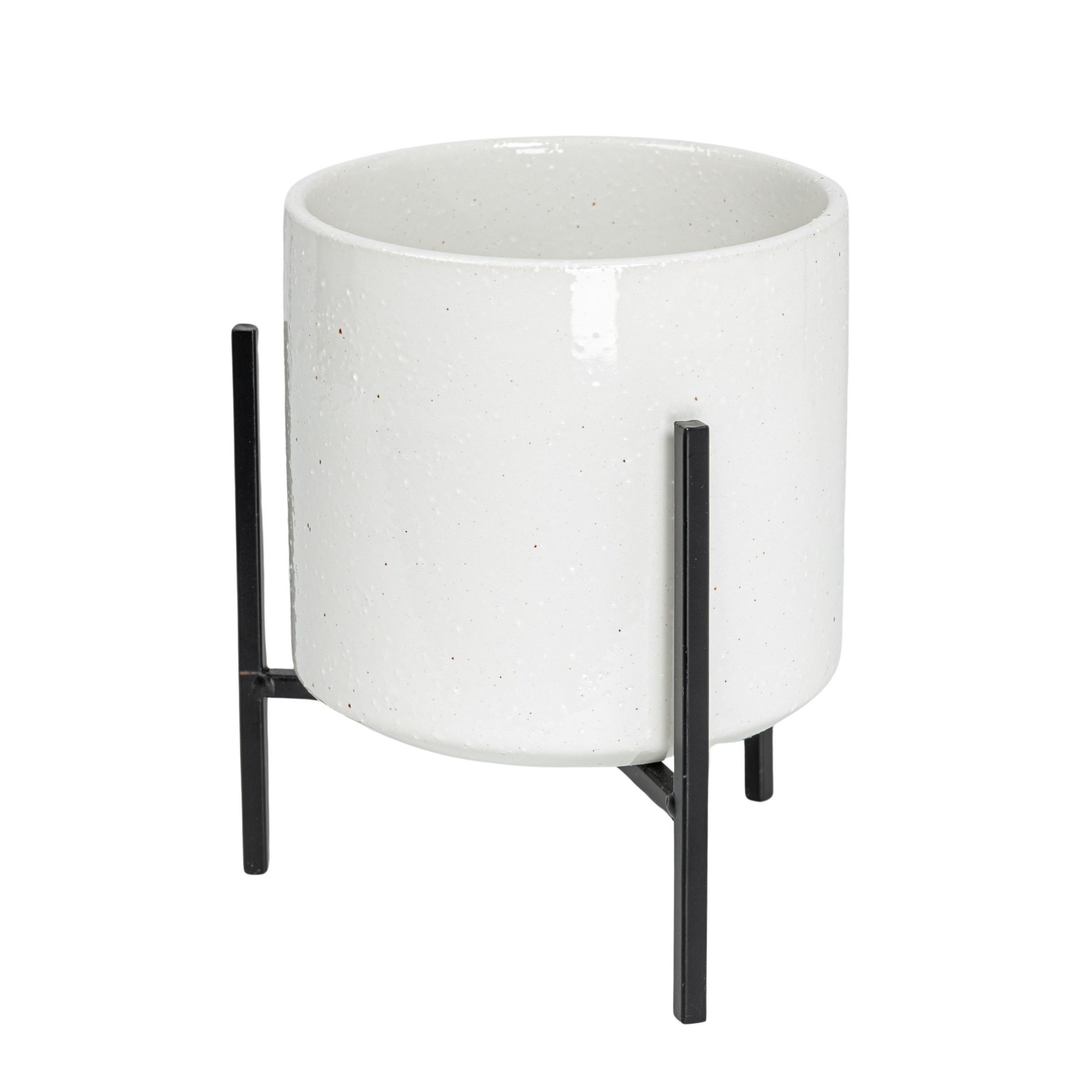 Storied Home Large White Stoneware Flower Pot with Black Metal Stand (Pot with Stand)