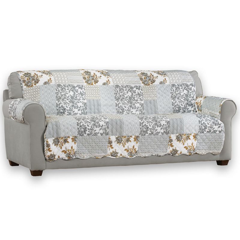 Collections Etc Langdon Reversible Quilted Patchwork Furniture Protector with Floral Accents and Scalloped Edges, 1 of 3