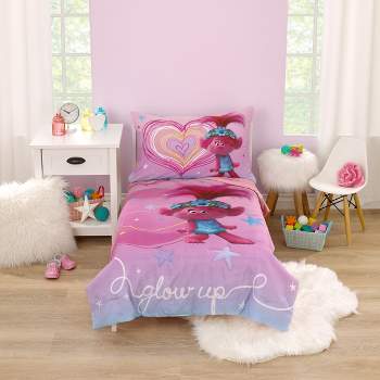 Trolls Show Up Glow Up Pink and Blue, Hearts and Stars 4 Piece Toddler Bed Set