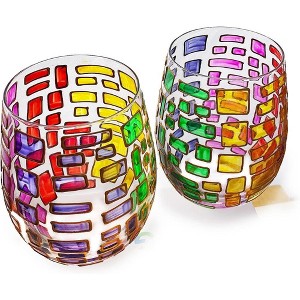 The Wine Savant Hand Painted Renaissance Rectangle Design Drinking Glasses, Beautiful Stained-Glass Pattern, Unique & Stylish Home Decor - 2 pk - 1 of 4