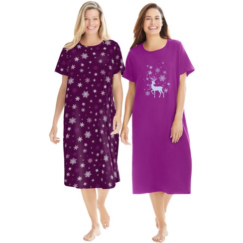 Dreams & Co. Women's Plus Size 2-Pack Long Sleepshirts, M/L - Dark Berry  Snowflake